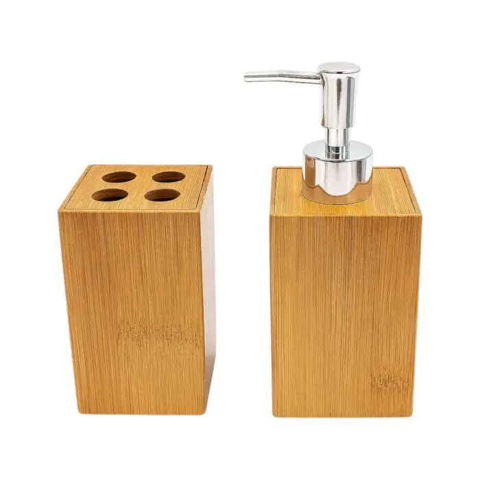 Jogo de Banheiro 2 Peças Com Saboneteira e Porta Escova de Dente de Bambu 11x7x7cm- Tuut - Imagem 1