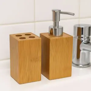 Jogo de Banheiro 2 Peças Com Saboneteira e Porta Escova de Dente de Bambu 11x7x7cm- Tuut - Imagem 2
