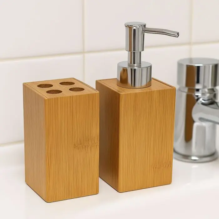 Jogo de Banheiro 2 Peças Com Saboneteira e Porta Escova de Dente de Bambu 11x7x7cm- Tuut - Imagem 2