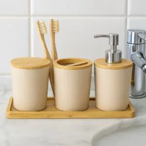 Kit para Banheiro 4 Peças em Plástico e Bambu Redondo One - Utility Nauá - Imagem 4