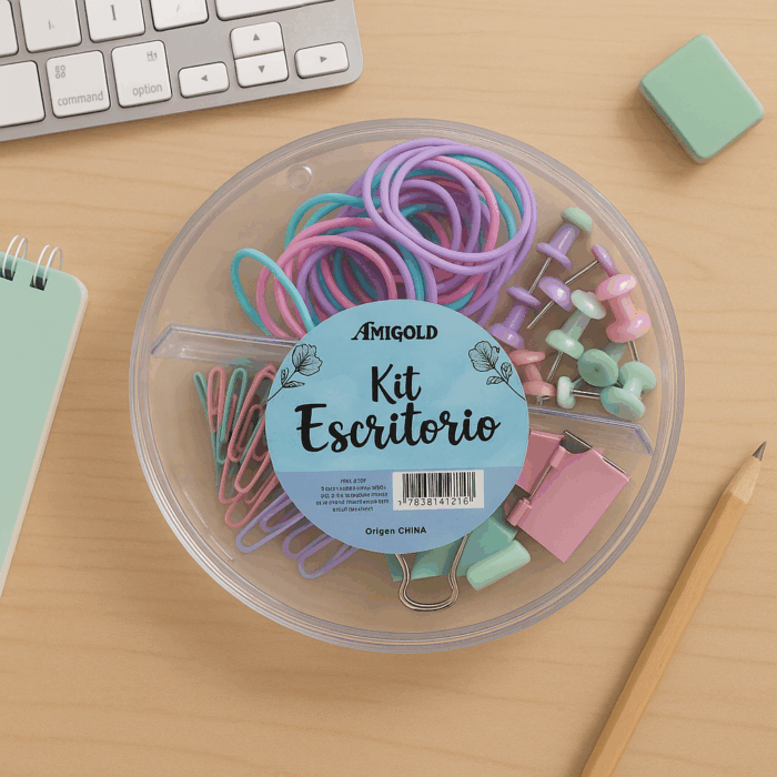 Kit Escritório com Clip taxinha mais prendedor e Elastico com Quatro Divisoria-Amigold - Imagem 2
