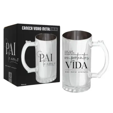 Caneca de Vidro Metálica de 480ml (Pai Te Amo, Meu Maior Exemplo) - BrasFoot