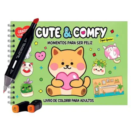 Livro para Colorir Estilo Bobbie Goods Cute & Comfy Momentos Para Ser Feliz + 1 Caneta Touch Ponta Dupla Grátis