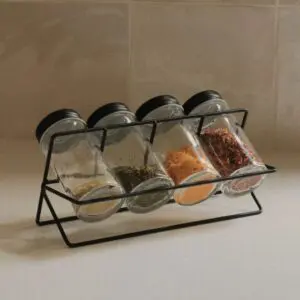Porta Tempero Horizontal com 4 Potes de Vidro com Tampa de Plástico e Suporte de Aço - Em Casa Tem - Imagem 2