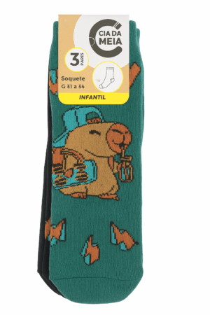 Kit 3 Pares de Meia Soquete Infantil da Capivara 31-34-Cia da Meia