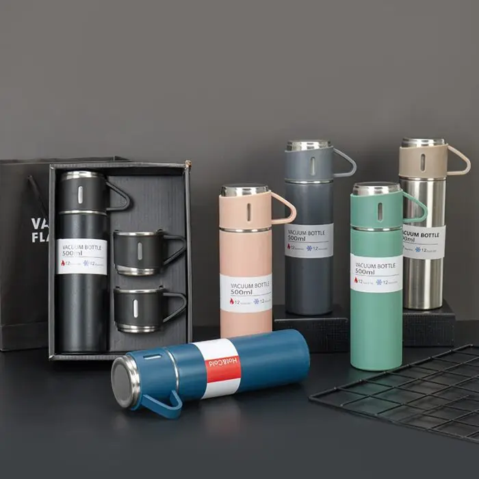 Conjunto com Garrafa Térmica de Aço Inox 420ml e 3 Xícaras Sortido - Amigold - Imagem 2