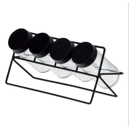 Porta Tempero Horizontal com 4 Potes de Vidro com Tampa de Plástico e Suporte de Aço - Em Casa Tem