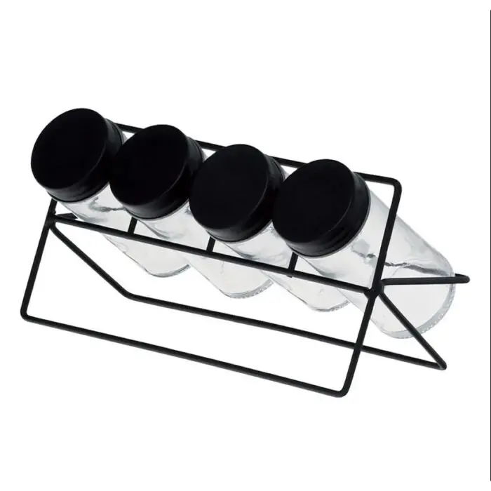 Porta Tempero Horizontal com 4 Potes de Vidro com Tampa de Plástico e Suporte de Aço - Em Casa Tem - Imagem 1