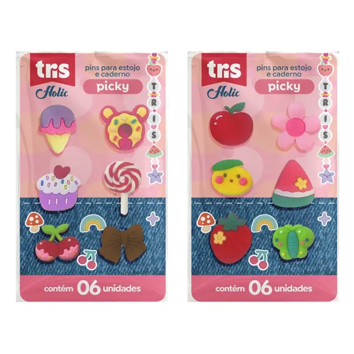 Cartela com 6 Unidades de Pins / Broche / Pingente para Estojo, Caderno e Crocs Picky Holic - Tris - Imagem 3