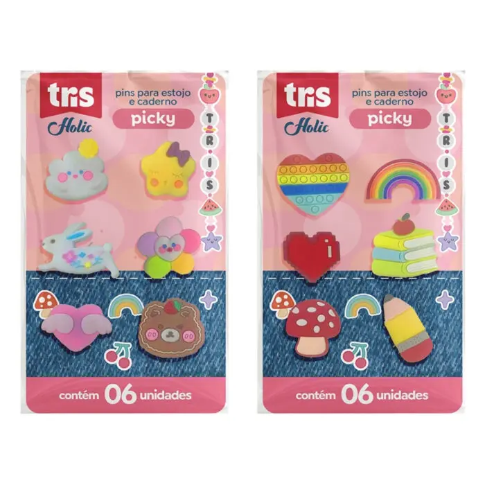 Cartela com 6 Unidades de Pins / Broche / Pingente para Estojo, Caderno e Crocs Picky Holic - Tris - Imagem 1