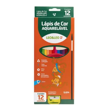 Lápis de cor Aquarelavel 12 Cores + Pincel + Apontador - Leo&Leo