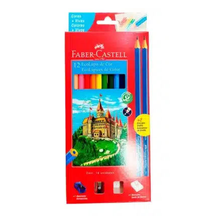 Kit Lápis de Cor 12 Cores + 2 Lápis Grafite + Borracha e Apontador - Faber-Castell