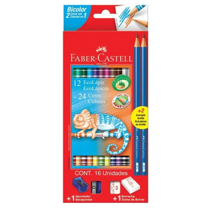 Ecolápis Bicolor 12 Lápis 24 Cores + Kit Escolar - Faber Castell - Imagem 1