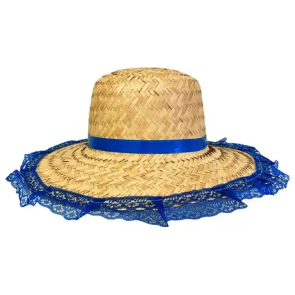 Chapéu de Palha para Festa Junina com Renda e Trança Adulto 31cm Cor Sortida