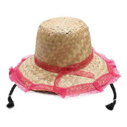 Chapéu de Palha para Festa Junina com Renda e Trança Infantil 28cm Cor Sortida