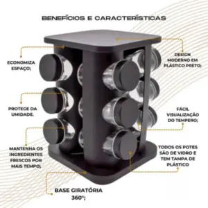 Porta Condimentos Giratório com 12 Potes de Vidro de 90g cada e Suporte e Tampas de Plástico - Em Casa Tem - Imagem 3