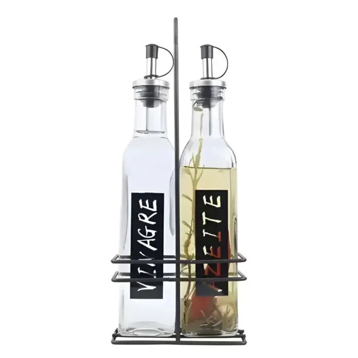 Conjunto com 2 Frascos 270ml cada para Armazenameto de Azeite e Vinagre com Bico Dosador e Suporte de Aço - Em Casa Tem - Imagem 3
