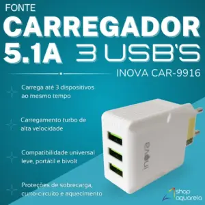 Carregador Tipo-C 3USB 5.1A 1M - Inova - Imagem 3