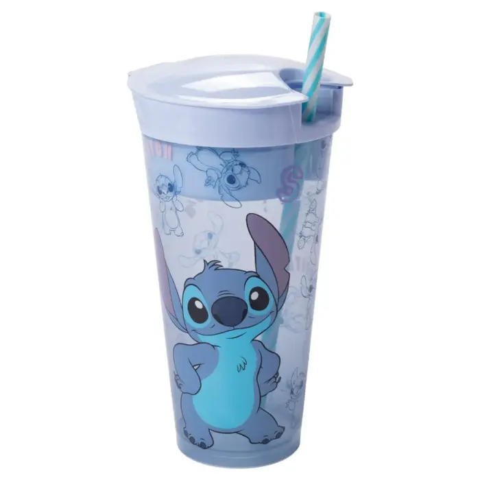 Copo 2 em 1 com Compartimento e Canudo Stitch 540ml - Plasútil - Imagem 1