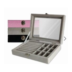 Estojo/Porta Joias Oragnizador com Divisórias e Tampa Transparente Aveludado 20x15x5cm Sortido