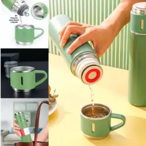 Conjunto com Garrafa Térmica de Aço Inox 420ml e 3 Xícaras Sortido - Amigold - Imagem 5