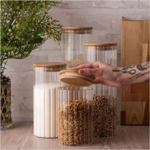 Pote Mantimento Canelado com Tampa Bambu  Borossilicato 800ml-123Útil - Imagem 2
