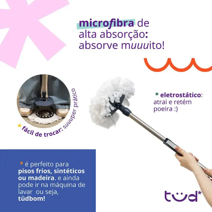 Mop Girátório Com Balde de 9 Litros e Esfregão de Micro Fibra - tud* - Imagem 2