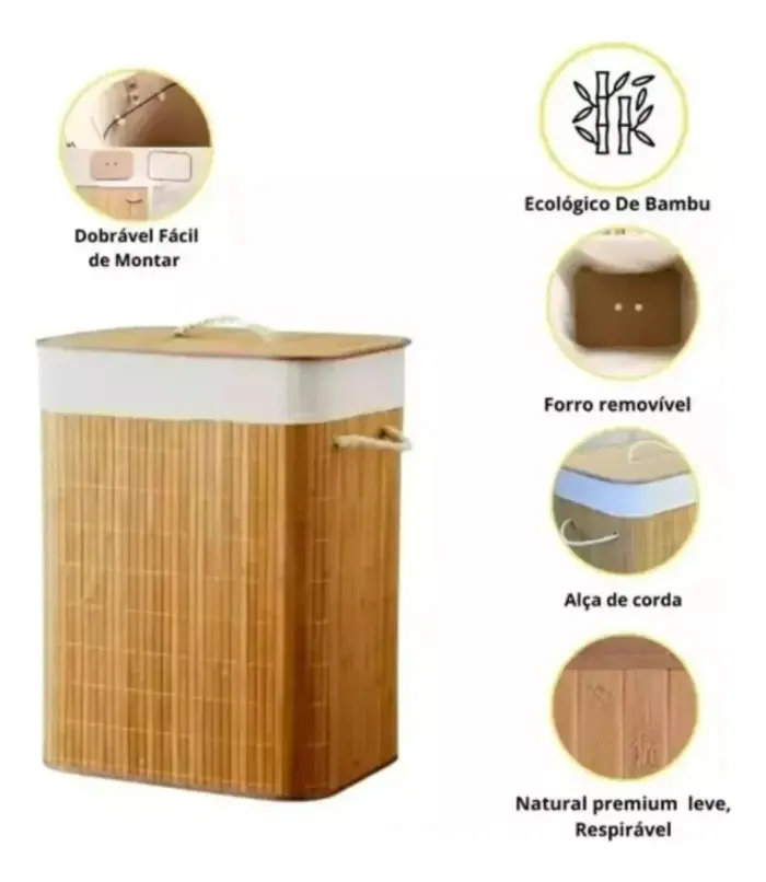 Cesto organizador de 72 Litros com Alças de 40x30x60cm em Bambu com Algodão - Casita - Imagem 8