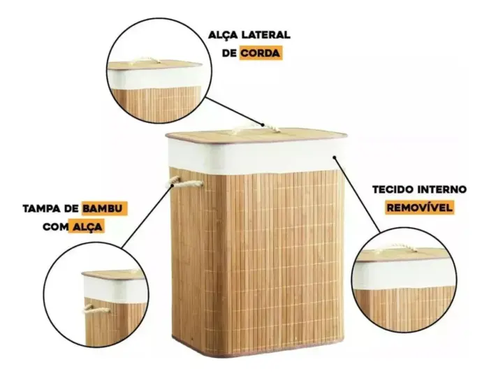 Cesto organizador de 72 Litros com Alças de 40x30x60cm em Bambu com Algodão - Casita - Imagem 7